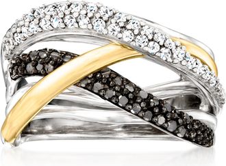 Ross-Simons Black and White Diamond Highway Ring in Sterling Silver and 14kt Yellow Gold