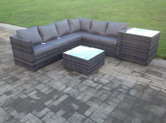 Fimous Rattan Corner Sofa Set Garden Furniture With Coffee Tall Table & Side Table in Dark Grey