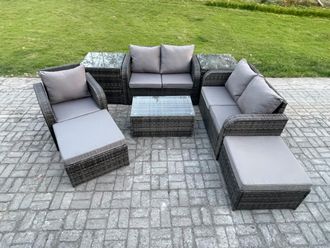 Fimous High Back Rattan Garden Furniture Set with Loveseat Sofa Coffee Table 2 Big Footstool 2 Side Tables Indoor Outdoor Patio Lounge Sofa Set