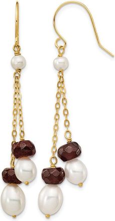 Diamond2Deal 14k Yellow Gold 6mm Freshwater Cultured Pearl and Garnet Double Chain Dangle Earrings