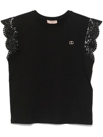 Twin-Set T-shirt met kapmouwen en kant - Zwart
