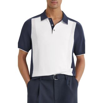 Reiss Claremont Colorblock Pointelle Trim Polo in White/Airforce at Nordstrom, Size Xx-Large