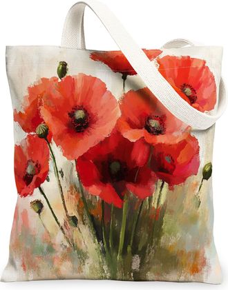 Generic Spring Poppy Flower Canvas Tote Bag for Shopping 13x15, Watercolor Florals Plant Reusable Grocery Print Bag for Women, Botanical Beach Aesthetic Paint