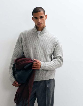 Asos maglione in misto lana a coste, super oversize, con mezza zip, grigio m&eacute;lange