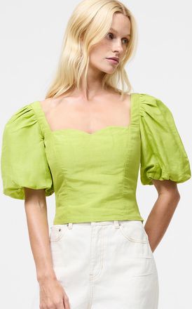 French Connection Womens Green Linen Blend Puff Sleeve Sweetheart Neck Crop Top - Size 16 UK