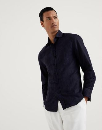 Brunello Cucinelli Mens Navy Cotton Linen Jacquard Shirt, Size 3XL