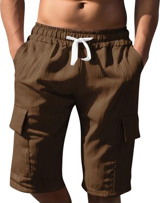 Generic Mens Summer Cargo Shorts UK Solid Linen Pants with Side Pockets Drawstring Elastic Waisted Short Trousers Baggy Wide Leg Breathable Trunks Casual Vaca