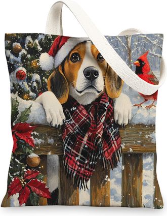 Generic Christmas Beagle Dog Canvas Tote Bag for Shopping 13x15, Xmas Farmhouse Cardinal Puppy Reusable Grocery Print Bag for Women Men, Holiday Pet Aesthetic