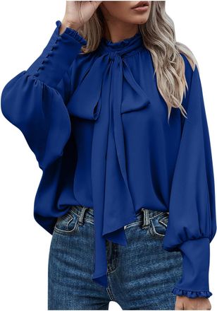 Generic Women Dressy Pullover Elegant Bow Tie Knot Mock Neck Top Ruffle Frill Lantern Sleeve Chiffon Shirts Ladies Office Work Longline Blouse Casual Loose-Fi