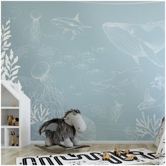 Acte D&eacute;co Papel pintado panor&aacute;mico oc&eacute;ano y animales marinos azul cielo 225x250c