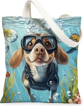 Generic Pop Art Doberman Dog Canvas Tote Bag for Shopping 13x15, Ocean Sea Nautical Puppy Reusable Grocery Print Bag for Women, Fun Pet Beach Aesthetic Painti