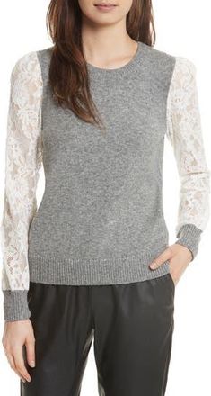 Rebecca Taylor Lace Sleeve Pullover in Silver Heather Grey /Chalk at Nordstrom Rack, Size Large