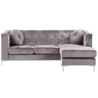 Beliani Sof&aacute; Esquinero Tapizado En Terciopelo Gris 3 Plazas Con Forma De L Versi&oacute;n Izquierda Cojines Adicionales Con Mechones Decorativos Flen