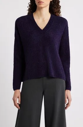 Eileen Fisher V-Neck Stretch Cotton Sweater in Aubergine at Nordstrom Rack, Size Xx-Small