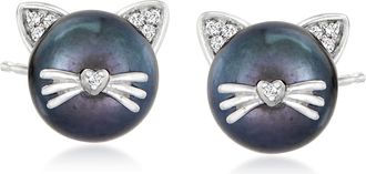 Ross-Simons 8-8.5mm Black Cultured Pearl Cat Earrings With Diamonds in Sterling Silver
