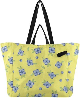 Generic Blueberries Leaves Yellow print Reusable Canvas Tote Bag, Heavy Duty Grocery Shopping Bag with Double Handles Large Capacity Hard Bottom Work Grocerie