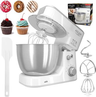 Adler Europe Ad4216 Robot Batidora Amasadora Reposter&iacute;a, 4 Litros, 6 Velocidades, Movimiento Orbital, 3 Accesorios 1000w Blanco - Adler