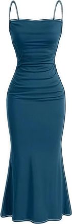 Generic Womens Summer Dresses Womens Sexy Sleeveless Spaghetti Strap Ruched Maxi Dress Long Bodycon Dress Wedding Guest Dress (Blue, L)