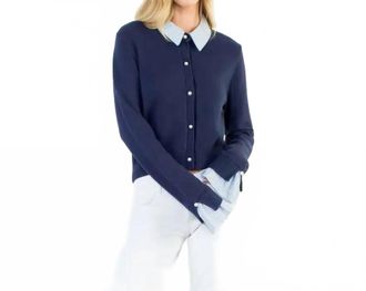 THML Clothing Pearl Button Mixed Media Collared Knit Top In Blue