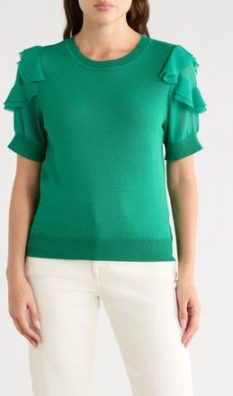 Nanette Lepore Ruffle Short Sleeve Mixed Media Sweater in Shamrock Green at Nordstrom Rack, Size X-Large