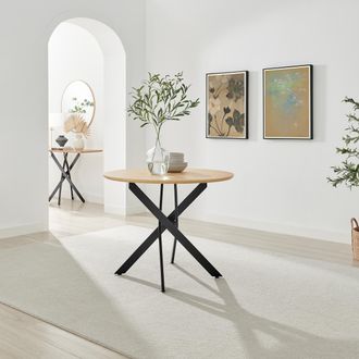 Furniturebox Novara Round Oak Veneer & Black Metal 4 Seater Dining Table in Light Brown