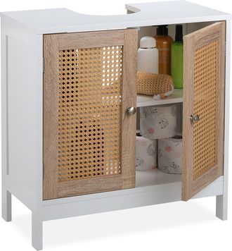 Relaxdays Mueble De Ba&ntilde;o Bajo Lavabo 2 Espacios, 60 Cm De Ancho, Hueco Para El Sif&oacute;n, Puertas De Rat&aacute;n, Blanco Y Natural - Relaxdays