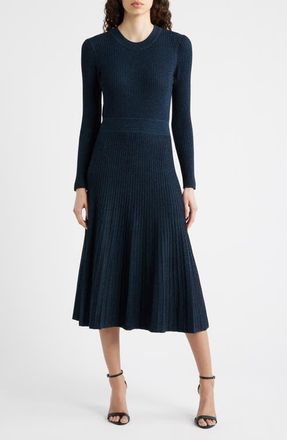 Elie Tahari The Sandra Long Sleeve Sweater Dress in Blue Palace /Noir Marle at Nordstrom, Size X-Large