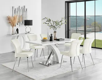 Furniturebox Atlanta 6 White Dining Table & 6 Nora Silver Leg Chairs in Cream