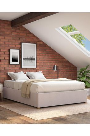 Aspire Home Accents Upholstered Platform Ottoman Bed Frame in Kimiyo Linen Fabric in Natural | Size: Super King
