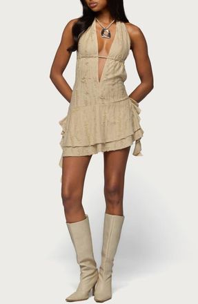 Edikted Distressed Halter Minidress in Tan at Nordstrom, Size X-Large
