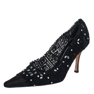 Rene Caovilla Ren&eacute; Caovilla Black Lace And Canvas Crystal Embellished Pumps