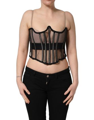 Dolce & Gabbana Womens Black Sheer Tulle Bodysuit Cropped Corset Top Elastane Nylon Polyester