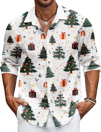 Generic Mens Christmas Shirt Long Sleeve Xmas Holiday Party Dress Shirts Button Down Funny Print Hawaiian Santa Shirt (UK, Alpha, XL, Regular, Regular, Style 