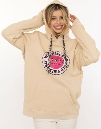 Zwillingsherz Hoodie ZWILLINGSHERZ Wild Vibes, Damen, Gr. L/XL, beige, Sweatware, Obermaterial: 50% Baumwolle, 50% Polyester, Sweatshirts Hoodie, runder Druck, Leo 