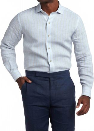 David Donahue Linen Stripe Sport Shirt In Sky/dune