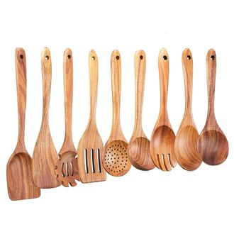 OEM Juego De Utensilios De Cocina De Madera, Juego De 9 Piezas De Cucharas De Madera Para Cocinar, Utensilios De Cocina De Madera, Cucharas De Madera Para