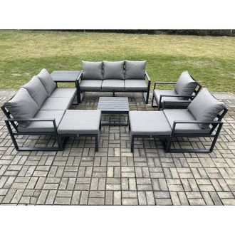 Fimous Fimous Aluminium Patio Outdoor Garden Furniture Lounge Sofa Set with Square Coffee Table 2 Chairs Side Table 2 Big Footstool Dark Grey