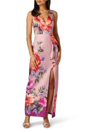 Adrianna Papell Floral Waterfall Ruffle Mikado Gown in Mauve Multi at Nordstrom, Size 10