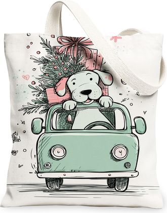 Generic Christmas Dog Canvas Tote Bags, Cute Animal Car Design Reusable Shopping Bags, Festive Lightweight Washable Shoulder Strap, White, 13x15 Inch