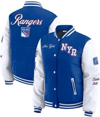 WEAR by Erin Andrews Womens WEAR by Erin Andrews Blue/White New York Rangers Varsity Full-Snap Puffer Jacket at Nordstrom, Size Xx-Large
