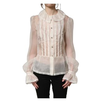 Dolce & Gabbana Blouses, female, White, Size: XS Ruffled Sheer Silk Buttoned Blouse
