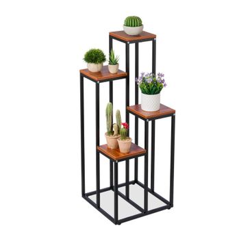 Relaxdays Relaxdays - Plant Stand, Modern Pot Holder with 4 Tiers, 80x40x40 cm, Black Metal Frame, mdf Shelving Space-Saving, Brown