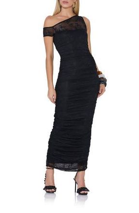 AFRM Biona Crystal Floral Lace One-Shoulder Dress in Noir at Nordstrom Rack, Size Large