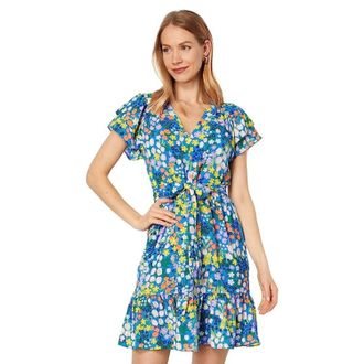Maggy London Dress Blue Floral Stretch Ruffle Hem Flutter Sleeve FROG172