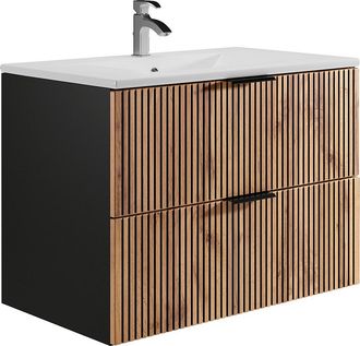 Vente-Unique Mueble de ba&ntilde;o suspendido con lavabo encastrado - Natural claro y negro - 80 cm - MADELA
