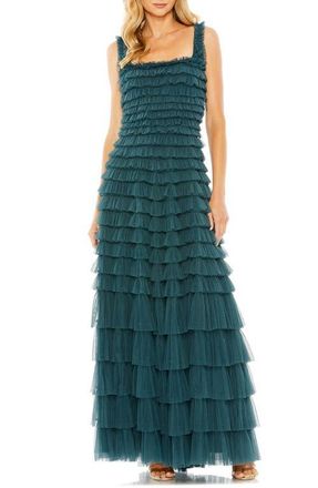 Mac Duggal Ruffled Textured Sleeveless Mesh Gown in Teal at Nordstrom, Size 12