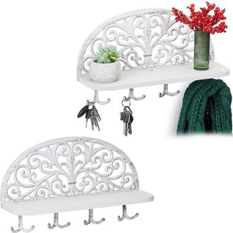 Relaxdays Relaxdays Set of 2 Hallway Coat Racks with Shelf, Antique Design, 4 Double Hooks, Keys, Cast Iron, 23x39x11.5 cm, White