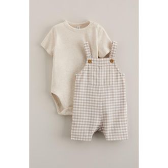 Nordstrom Cotton Bodysuit & Shortalls Set in Beige O Light Heather Gingham at Nordstrom, Size 12M