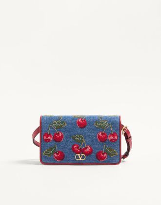 Valentino Garavani Mini Borsa A Spalla VLogo Signature In Denim Con Ricamo Cherryfic Donna DENIM/MULTICOLOR UNI