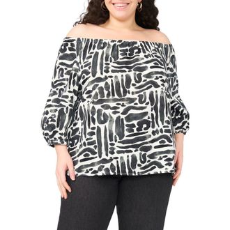 Vince Camuto Off the Shoulder Puff Sleeve Top in Rich Black Multi at Nordstrom Rack, Size 1X